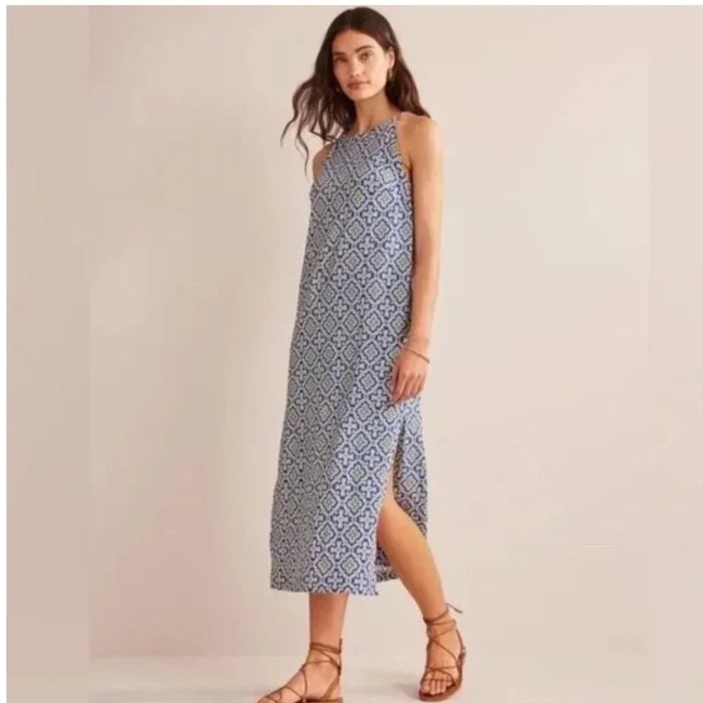 Boden Geometric Print racer back Halter Neck Midi Dress Blue White Green Size 6R - Picture 2 of 8